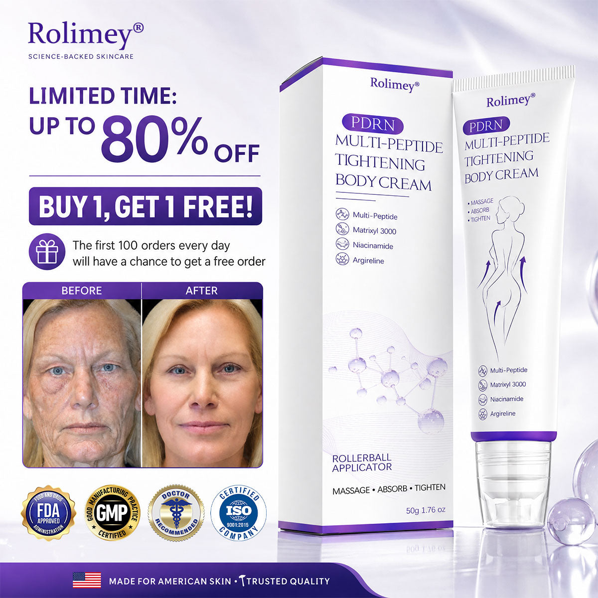 🎁Rolimey® PDRN Multi-Peptide Massaging Roller Cream - Anti-aging, Hydrating, Skin Firming & Lifting, Skin Repair, Even Tone, Acne and Dark Spot Treatment, Wart and Mole Removal, and Psoriasis Relief.