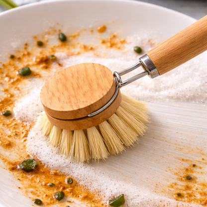 Jevania® Replaceable Natural Dish Brush Set – 3 Bristle Types for All Cookware, Eco-Friendly Long Handle Cleaning Brush