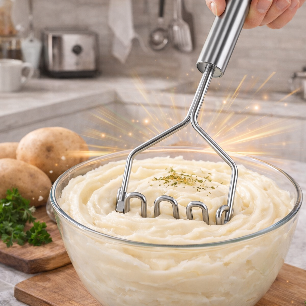 Jevania® Stainless Steel Potato Masher – Heavy-Duty Fine Mesh Manual Masher for Smooth Mash & Baby Food