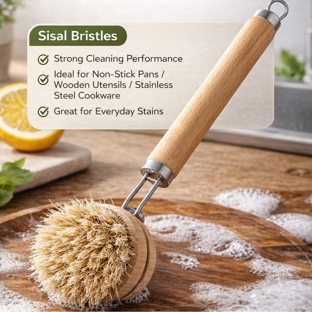 Jevania® Replaceable Natural Dish Brush Set – 3 Bristle Types for All Cookware, Eco-Friendly Long Handle Cleaning Brush