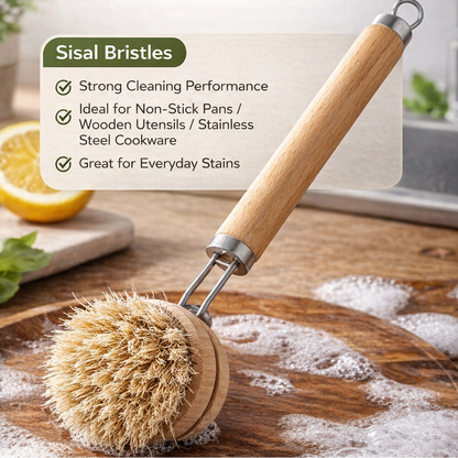 Jevania® Replaceable Natural Dish Brush Set – 3 Bristle Types for All Cookware, Eco-Friendly Long Handle Cleaning Brush