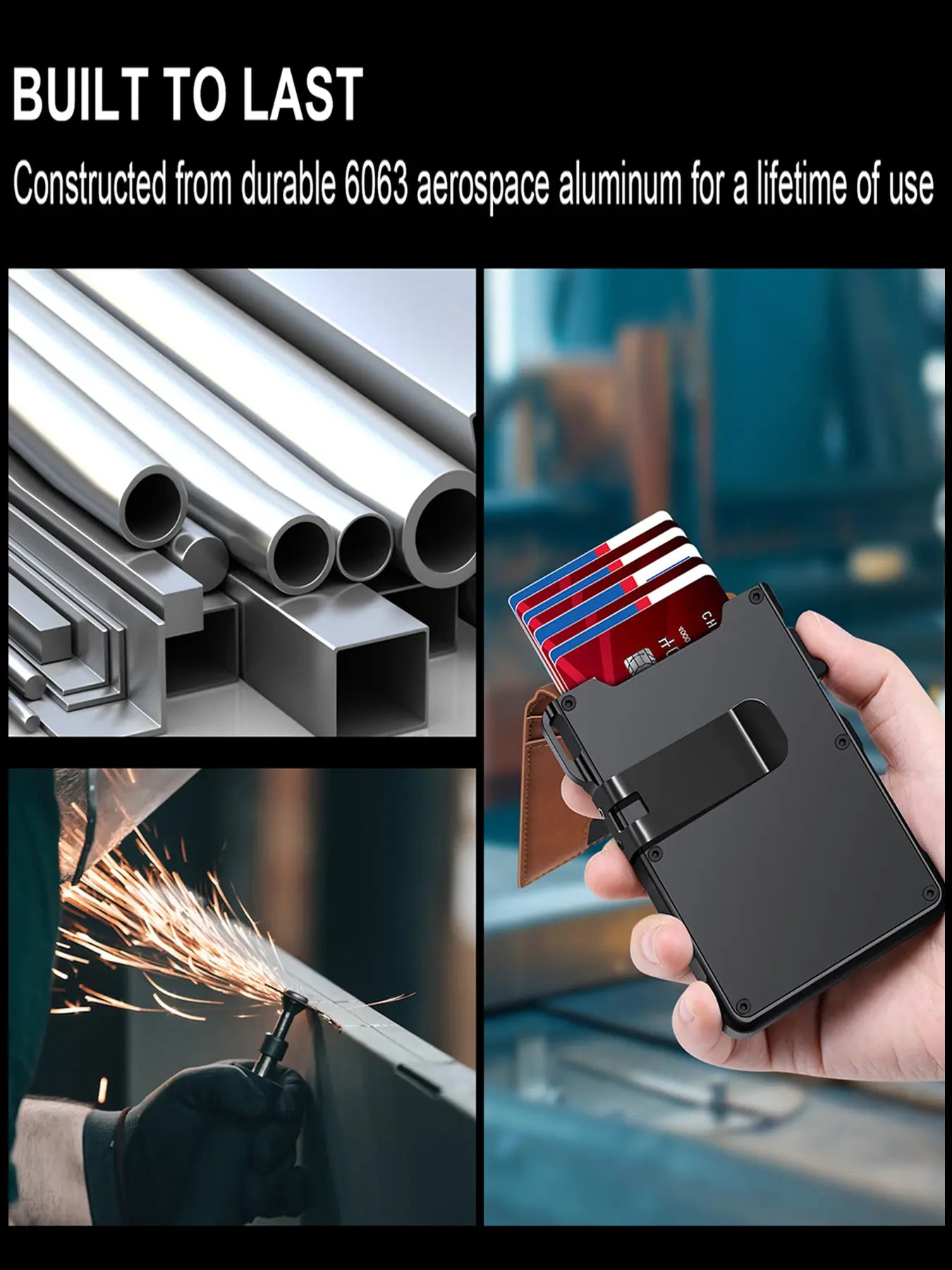 Minimalist Men’s Slim Wallet: 9 - 13 Cards, Money Clip, ID Window. RFID - Blocking, Aluminum Bifold Pop - Up