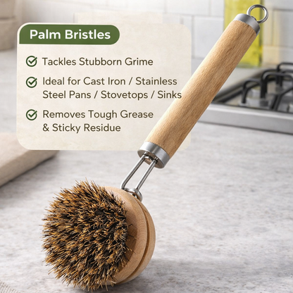 Jevania® Replaceable Natural Dish Brush Set – 3 Bristle Types for All Cookware, Eco-Friendly Long Handle Cleaning Brush