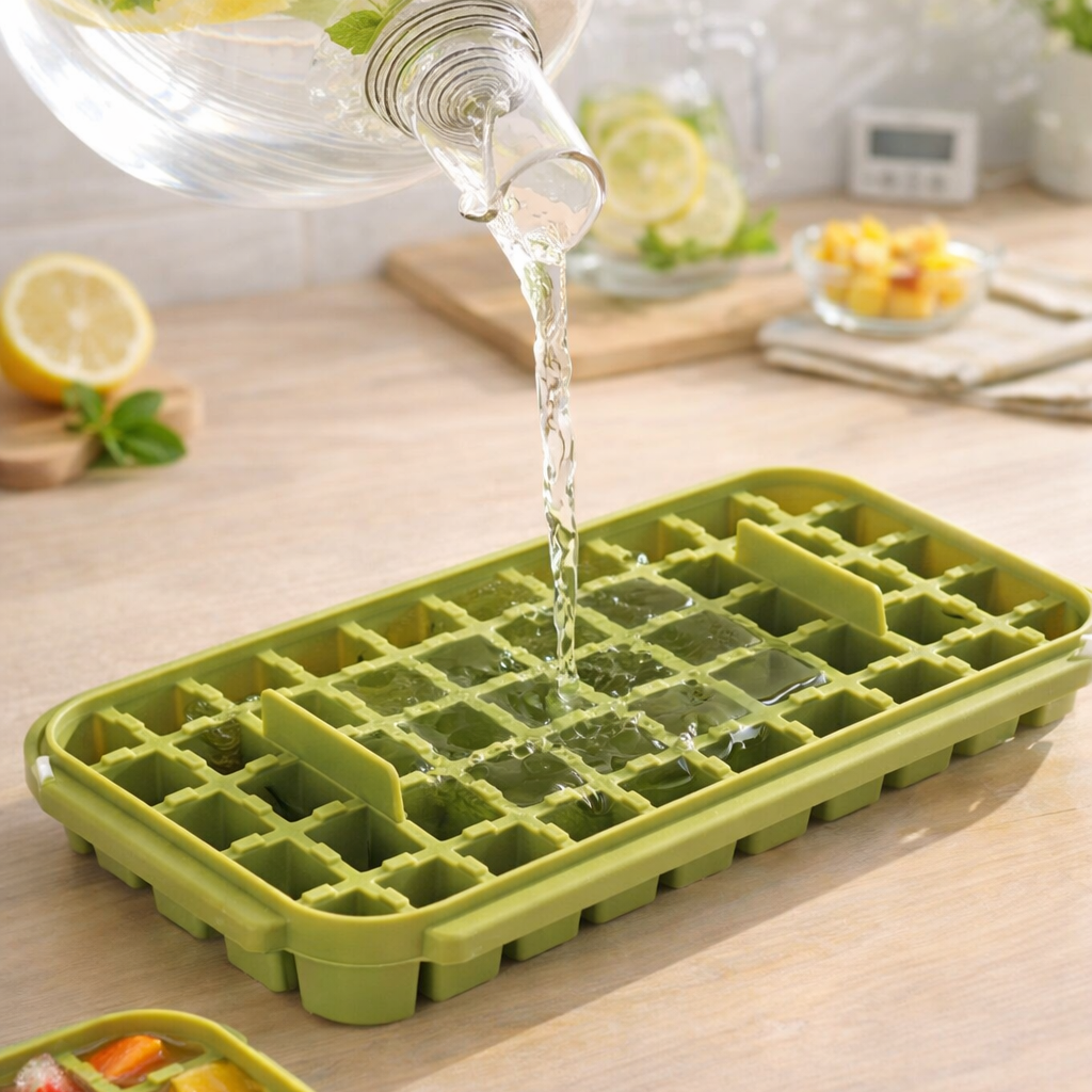 Jevania®  FrostPres4-Layer Ice Cube Tray with Storage Bin, Scoop & One-Press Release System