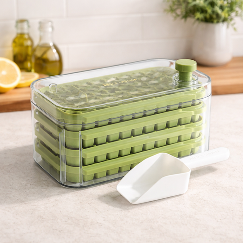 Jevania®  FrostPres4-Layer Ice Cube Tray with Storage Bin, Scoop & One-Press Release System