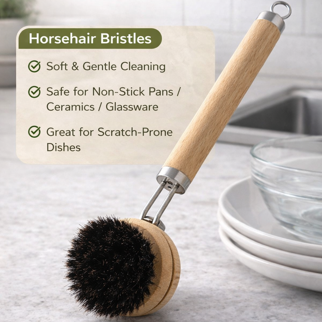 Jevania® Replaceable Natural Dish Brush Set – 3 Bristle Types for All Cookware, Eco-Friendly Long Handle Cleaning Brush