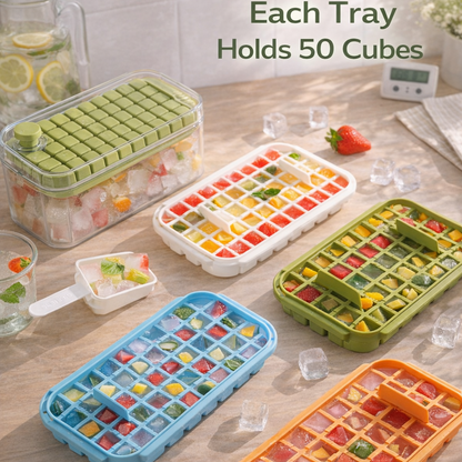Jevania®  FrostPres4-Layer Ice Cube Tray with Storage Bin, Scoop & One-Press Release System