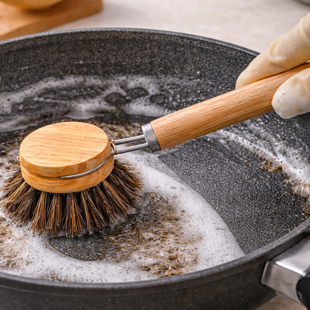 Jevania® Replaceable Natural Dish Brush Set – 3 Bristle Types for All Cookware, Eco-Friendly Long Handle Cleaning Brush