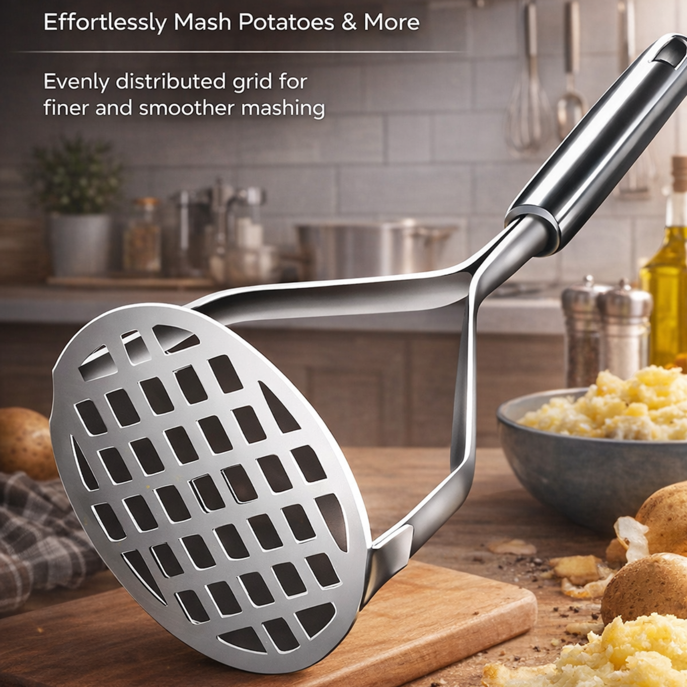Jevania® Stainless Steel Potato Masher – Heavy-Duty Fine Mesh Manual Masher for Smooth Mash & Baby Food