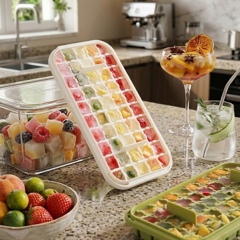 Jevania®  FrostPres4-Layer Ice Cube Tray with Storage Bin, Scoop & One-Press Release System