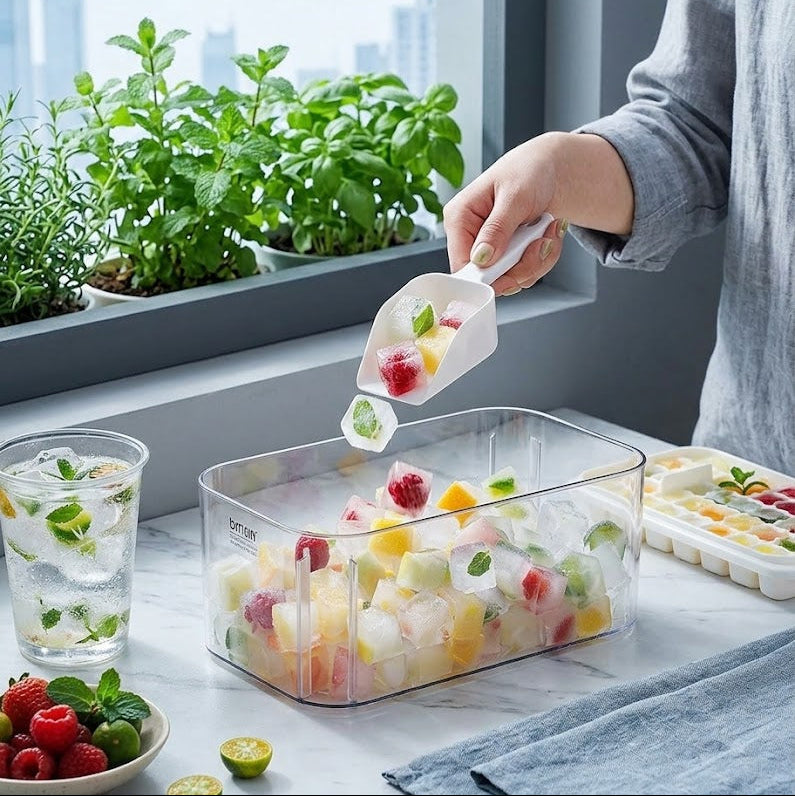 Jevania®  FrostPres4-Layer Ice Cube Tray with Storage Bin, Scoop & One-Press Release System