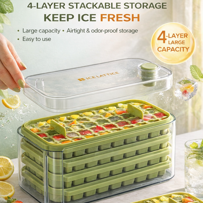 Jevania®  FrostPres4-Layer Ice Cube Tray with Storage Bin, Scoop & One-Press Release System